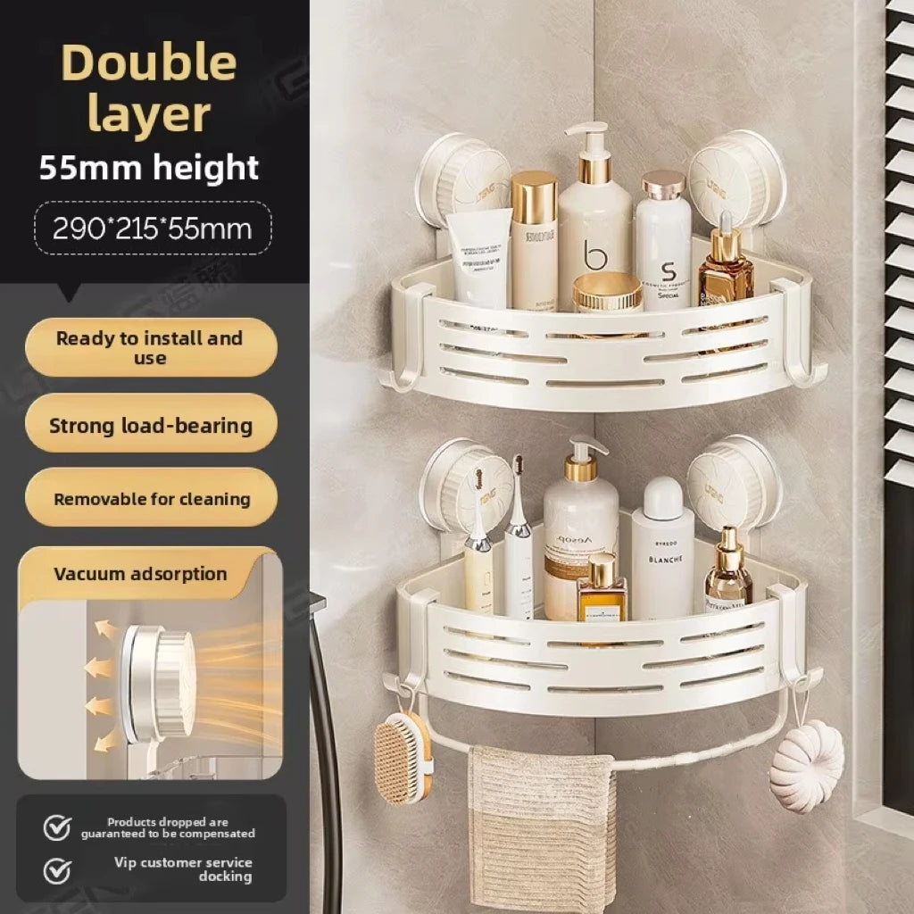 étagère salle bain gris moderne ventouse rangement bain murale ajourée crochets suction