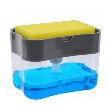 distributeur savon liquide éponge intégrée adhésif transparent gris jaune vert moderne pratique