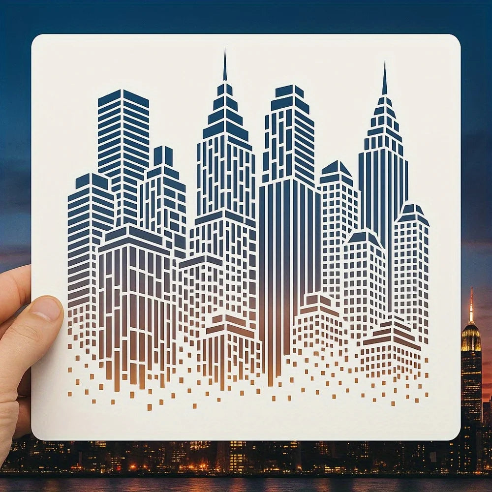 Stencil mural moderne gratte ciel stylisé noir blanc adhésif 30cm bleu geometrique