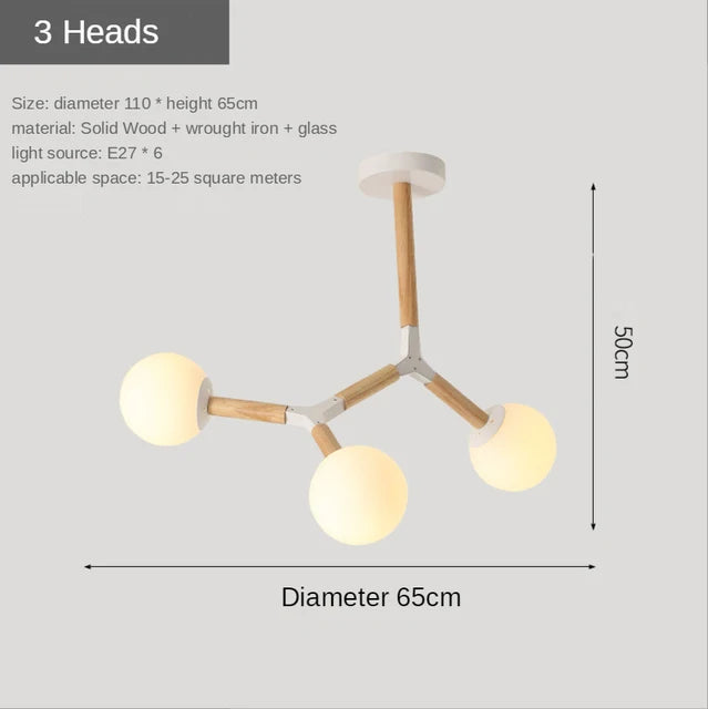 Suspension lumineuse moderne bois boules translucides LED blanc fixations passe câbles blanc