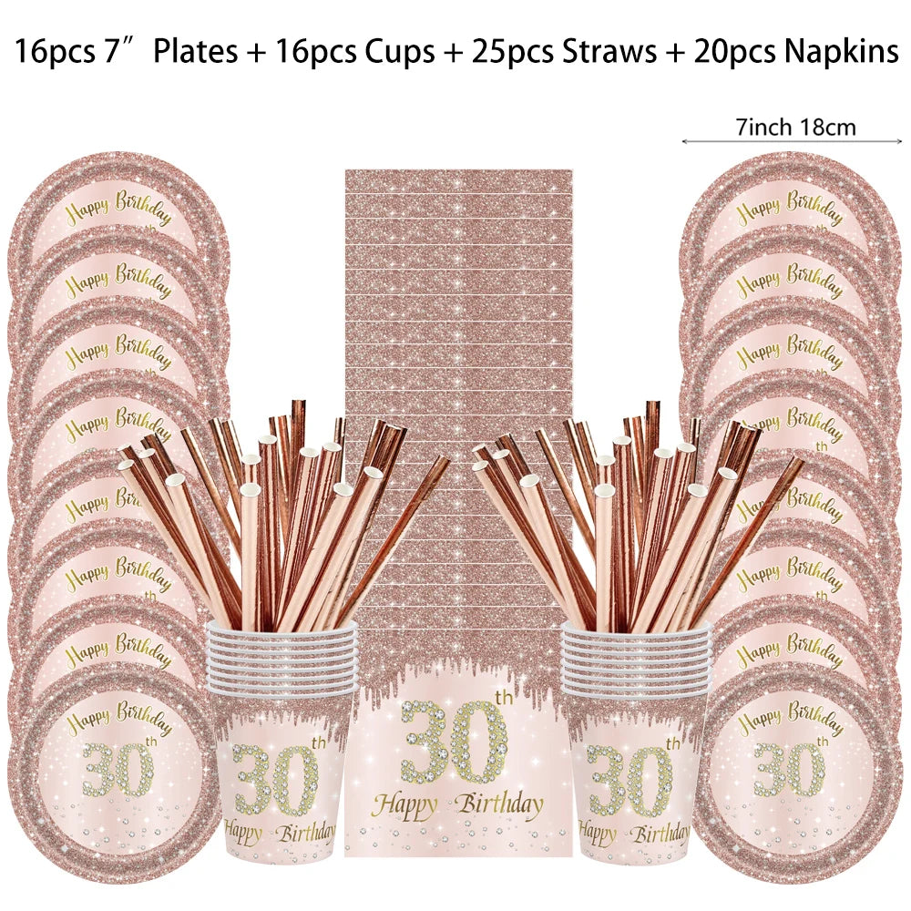 ensemble vaisselle jetable anniversaire rose gold assiettes serviettes gobelets pailles paillettes décoratif fête