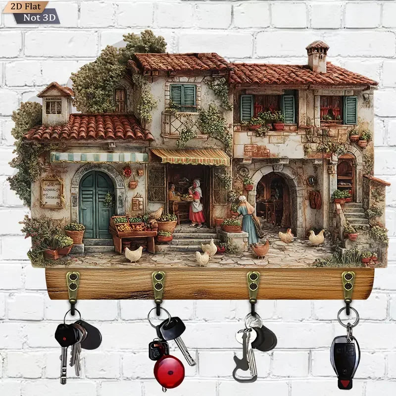 porte clés mural bois rural illustration maison poules décoratif clés bouteille ouverture vis fixations