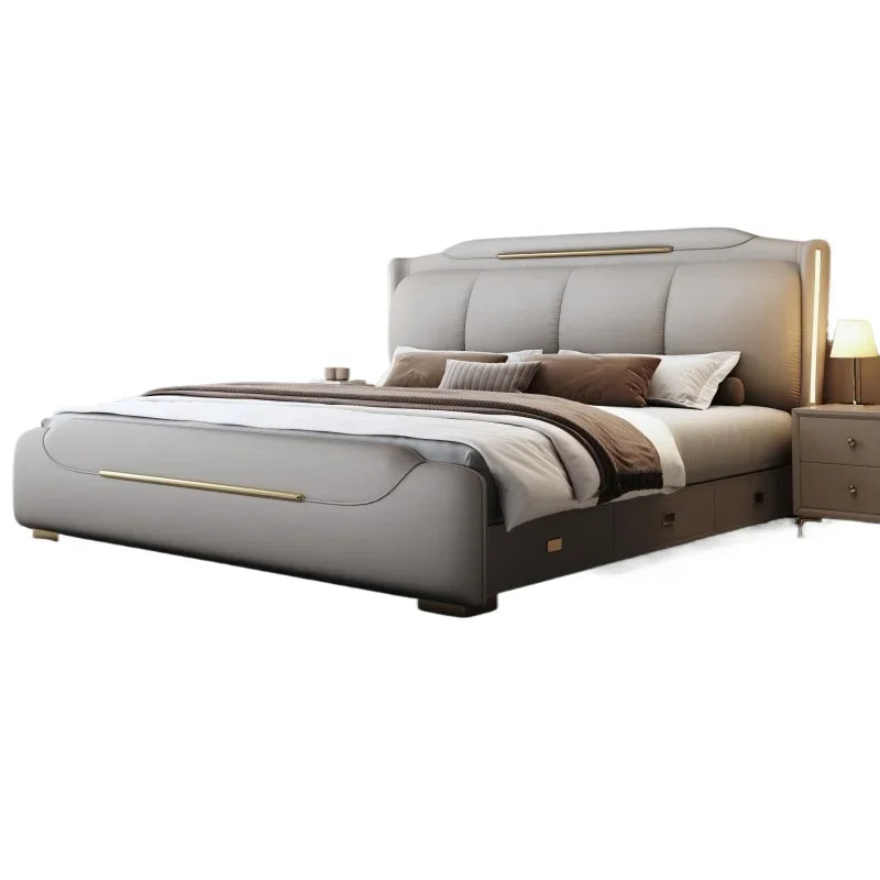 lit double moderne rembourré simili cuir rangement table chevet blanche