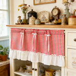 rideau vintage carreaux rouge blanc bordure blanche volants nœud papillon polyester rustic cuisine