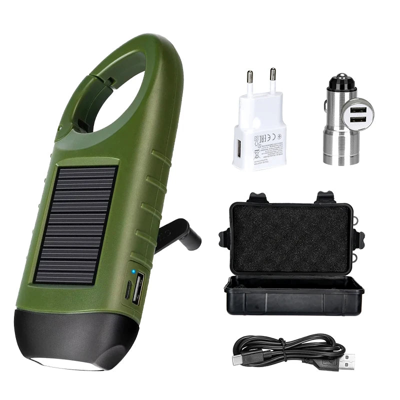 lampe torche solaire vert olive rechargeable rayures horizontales mode fixation annexe chargeurs camping
