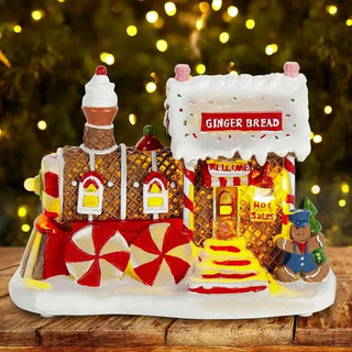Maison de Noël Train en Pain d'Épices avec LED - Décoration Village de Noël en Résine