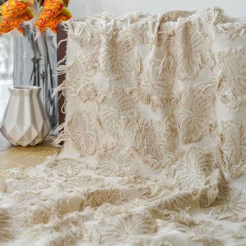 tissu coton jacquard fleurs pampilles beige clair textile rustique résistant automne hiver tissu brocart