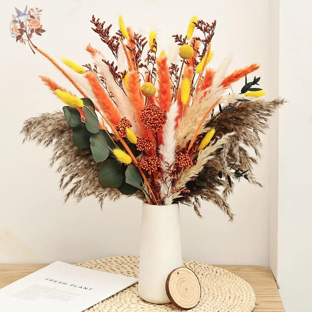 décoration boho bouquet séché eucalyptus pampas feuilles graminées vase naturel orange jaune