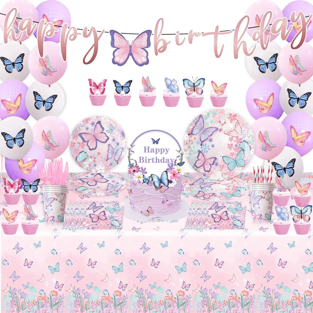 assiettes jetables papillons roses serviettes guirlande happy birthday ballons cupcakes nappe festive anniversaire decoration