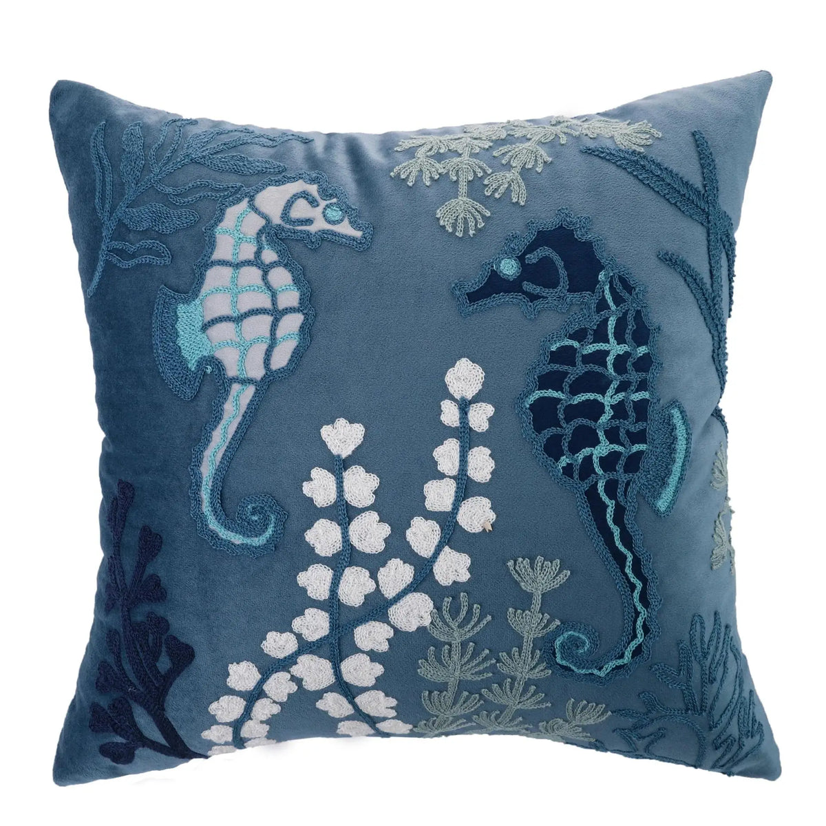 housse coussin brodée motif marin hippocampes coraux blanc océan 45x45cm polyester zipper