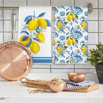 serviettes cuisine rectangulaires blanc jaune bleu citrons fleurs bordure bleue rustique 60x40cm adaptable table