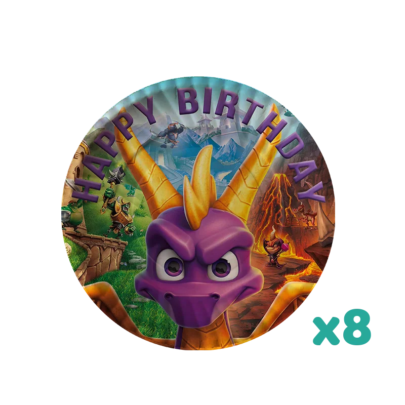 accessoires fête anniversaire dragon spyro assiettes gobelets pailles thème violet jaune vert