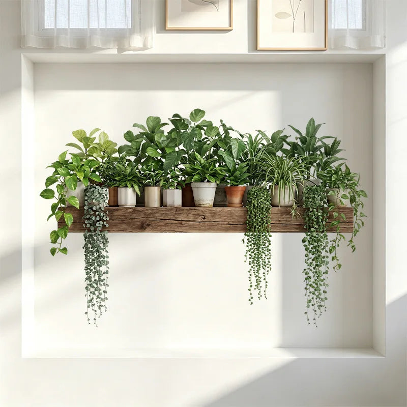 décoration murale naturelle feuilles plantes meuble bois tableaux suspendus adhésif vert marron blanc