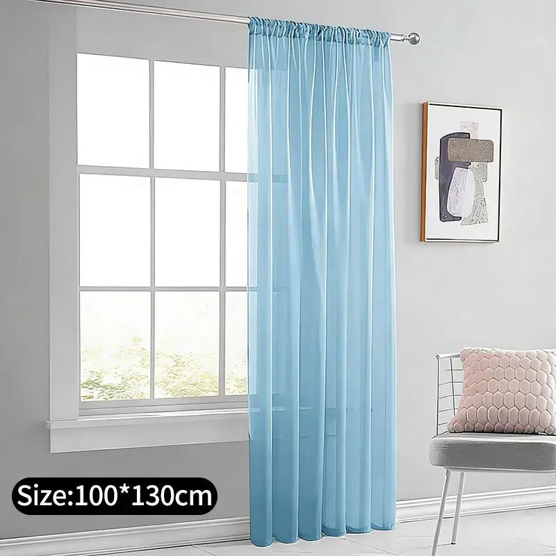 rideau voilage bleu clair plissé moderne tringle fenêtre décoration chambre salon transparent nylon