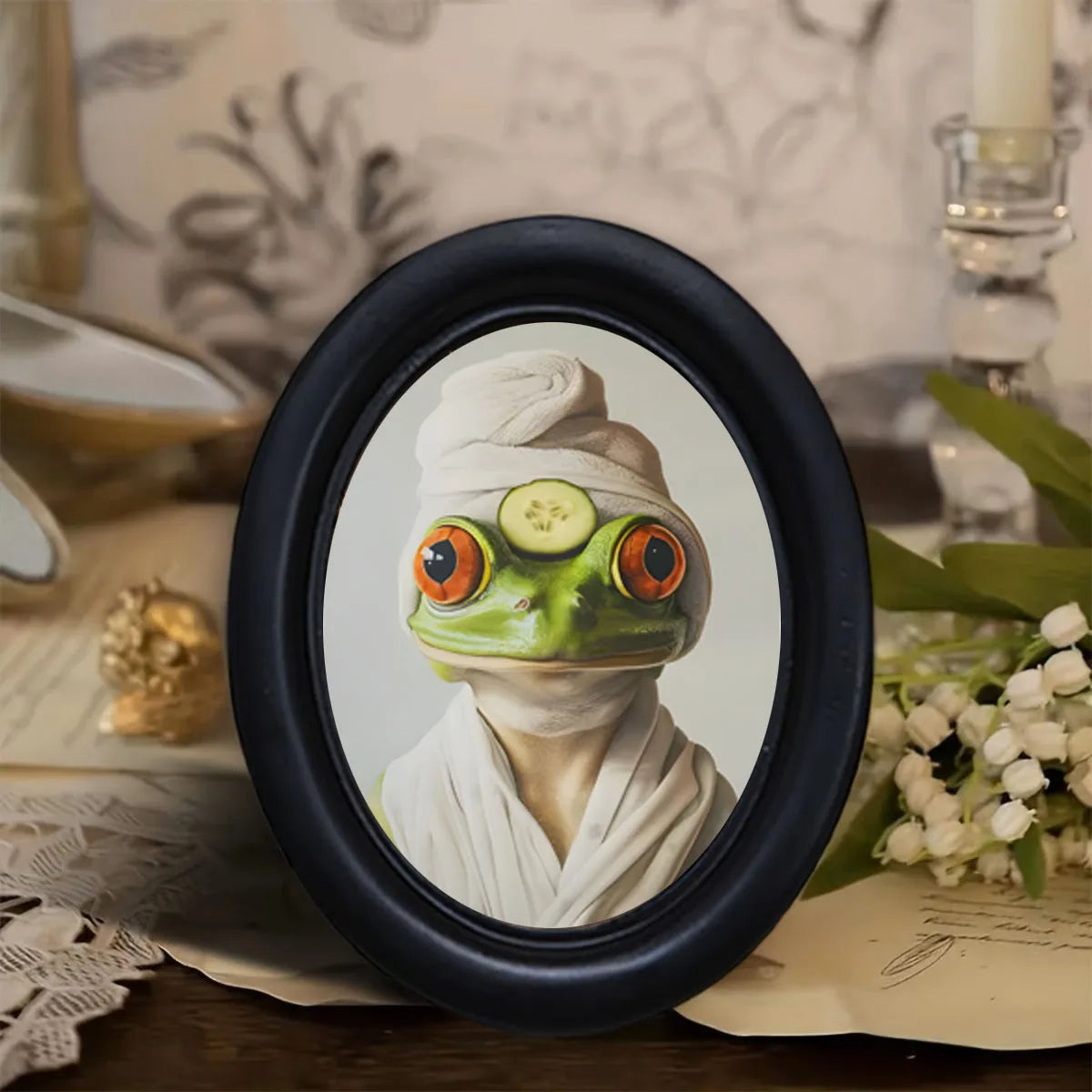 cadre photo ovale noir grenouille masque beauté décoration murale classique chambre salle bain apaisante