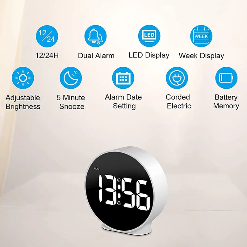 horloge numérique led blanc noir moderne alarme double réglage luminosité fonction snooze AM/PM