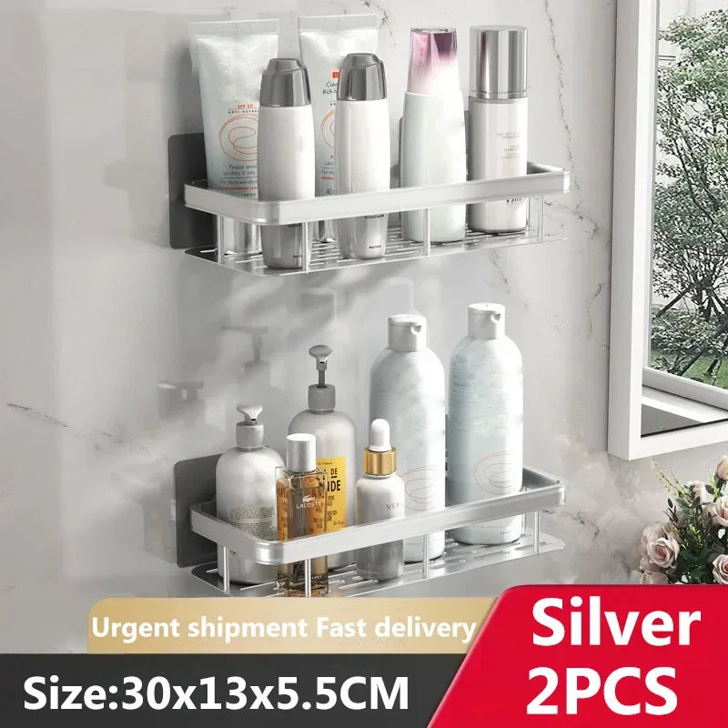 étagères salle bain moderne noires dorées mural sans perçage double niveau aluminium inoxydable