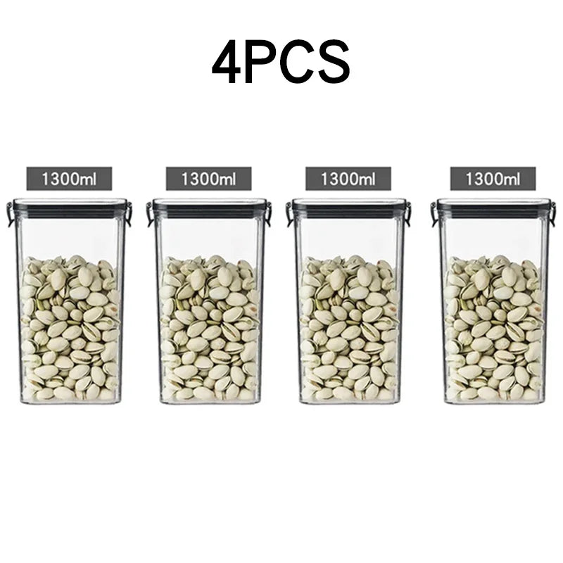 boîtes rangement alimentaire transparentes poignées noires multiple tailles réutilisables modernes pratiques épices pâtes graines