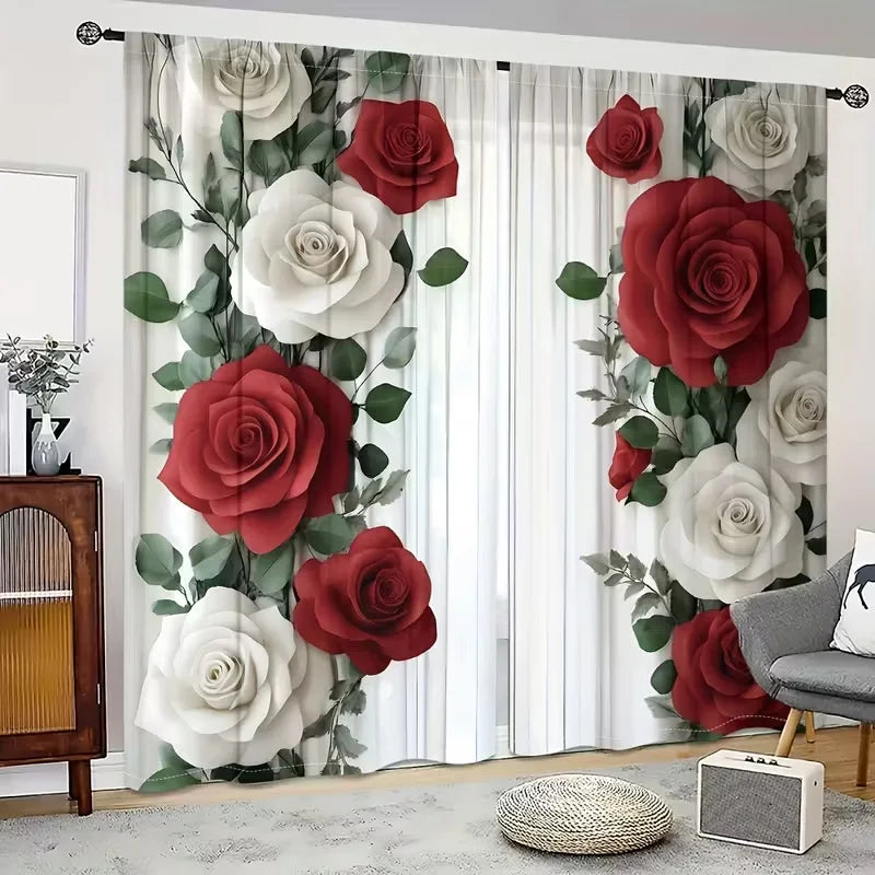 rideau moderne roses rouges blanches feuilles vertes translucides chambre coucher