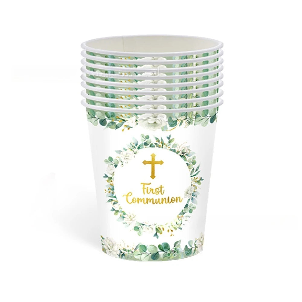 assiettes jetables thème eucharistique croix dorée fleurs mariage baptême anniversaire fêtes enfants