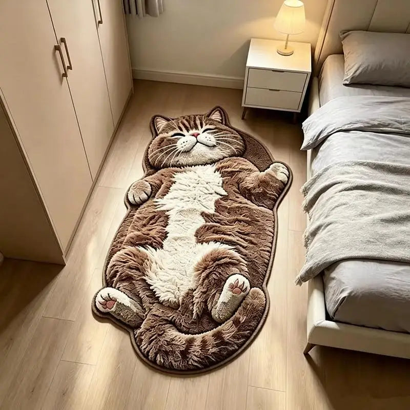 tapis peluche chaton gris rose orange oreilles pattes queue yeux fermés décoration maison