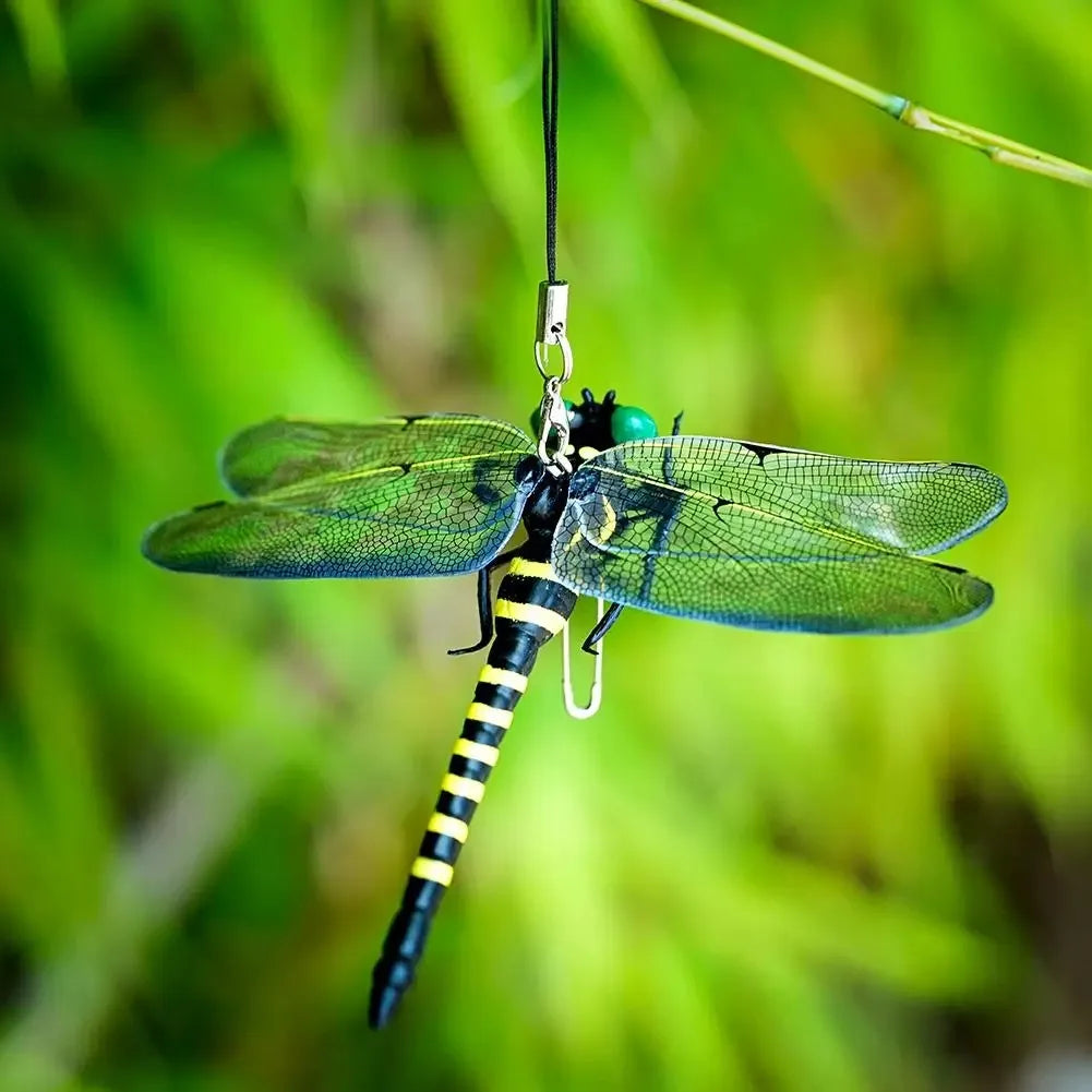 ornement extérieur libellule transparente ailes nervures noire jaune verte jardin décoration imitation insecte pastorale