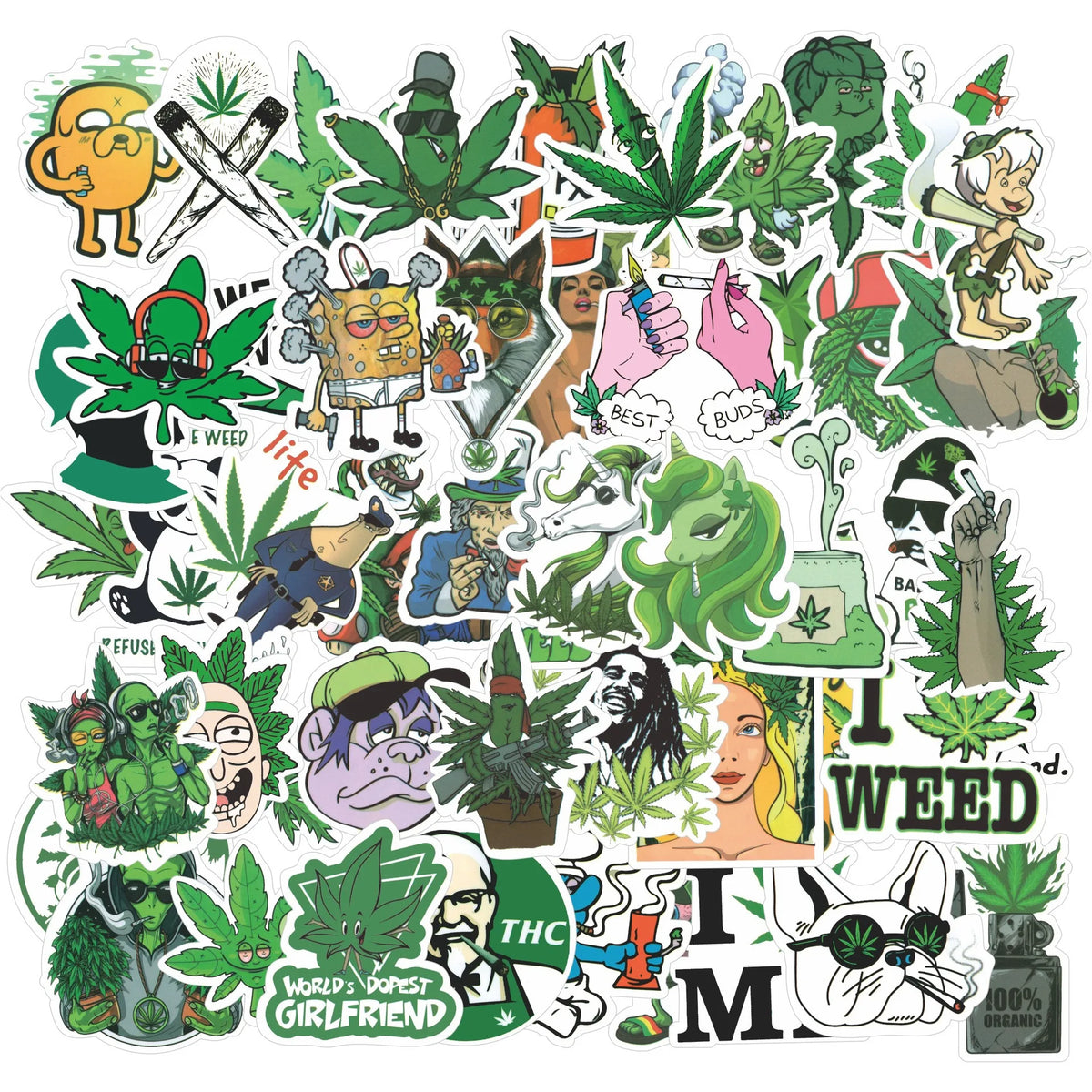 stickers cannabis personnages dessins animés spongebob fleurs cœurs kawaii graphiques