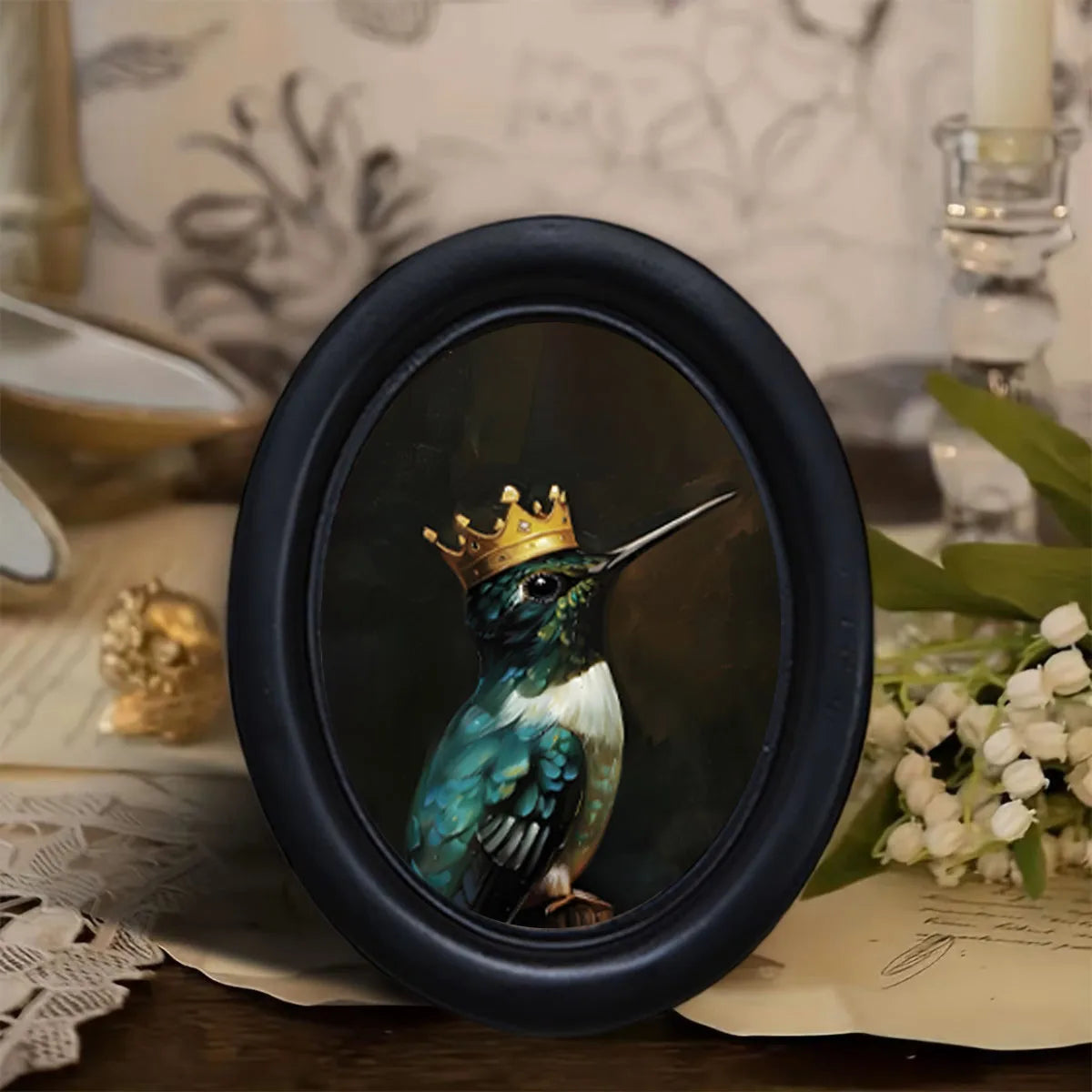 cadre ovale oiseau couronne noir classique décoration murale art mural peinture bois ornement chambre