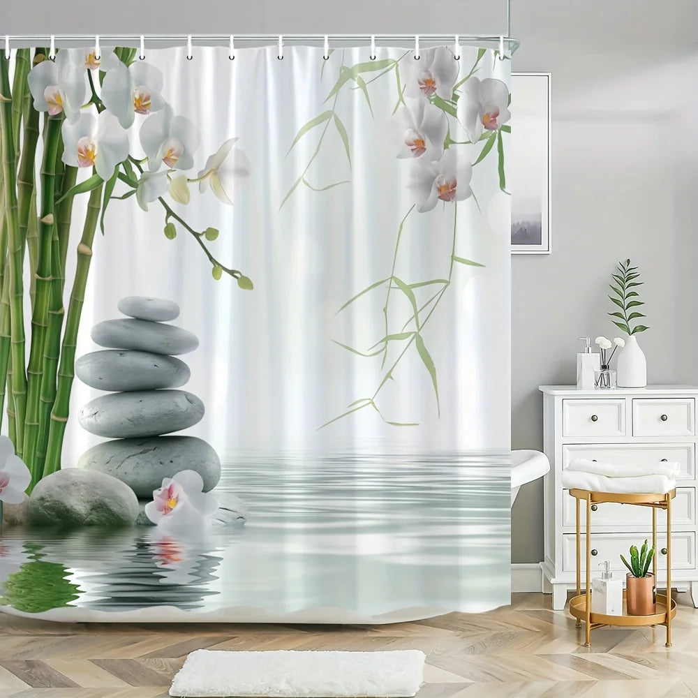 rideau douche moderne orchidées bambou pierres opalescent blanc vert gris rose naturel