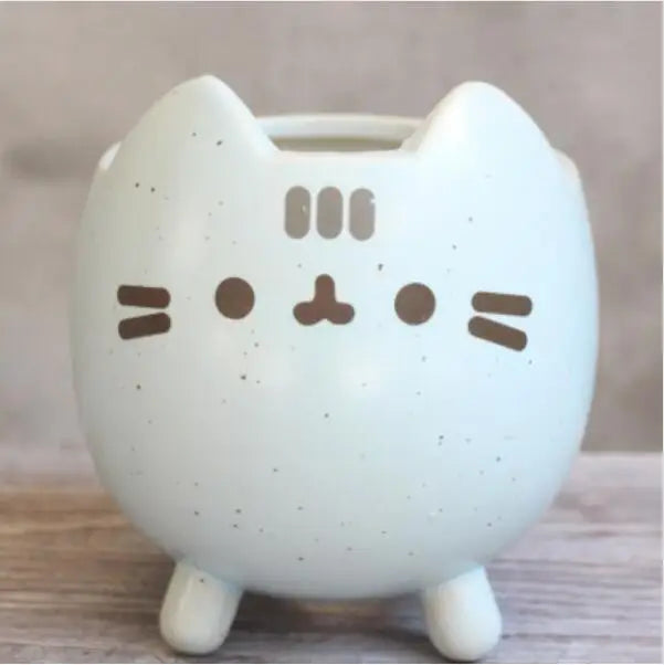 cache pot céramique porcelaine chat cartoon bleu rose blanc plante verte maison jardin decoration