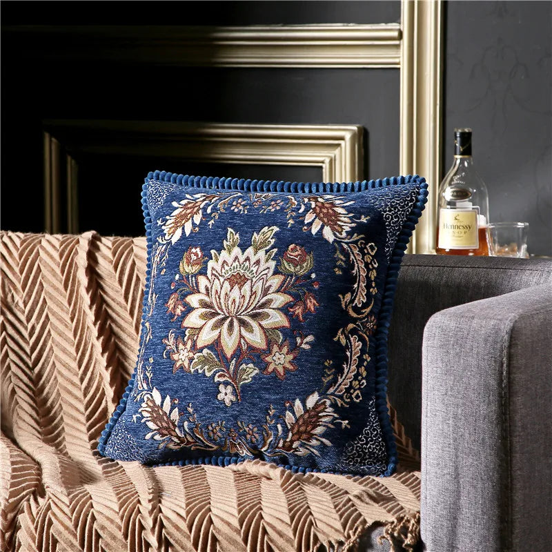 coussin carré floral brodé vintage chenille marron bleu marine élégant zippéversible