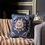 coussin carré floral brodé vintage chenille marron bleu marine élégant zippéversible