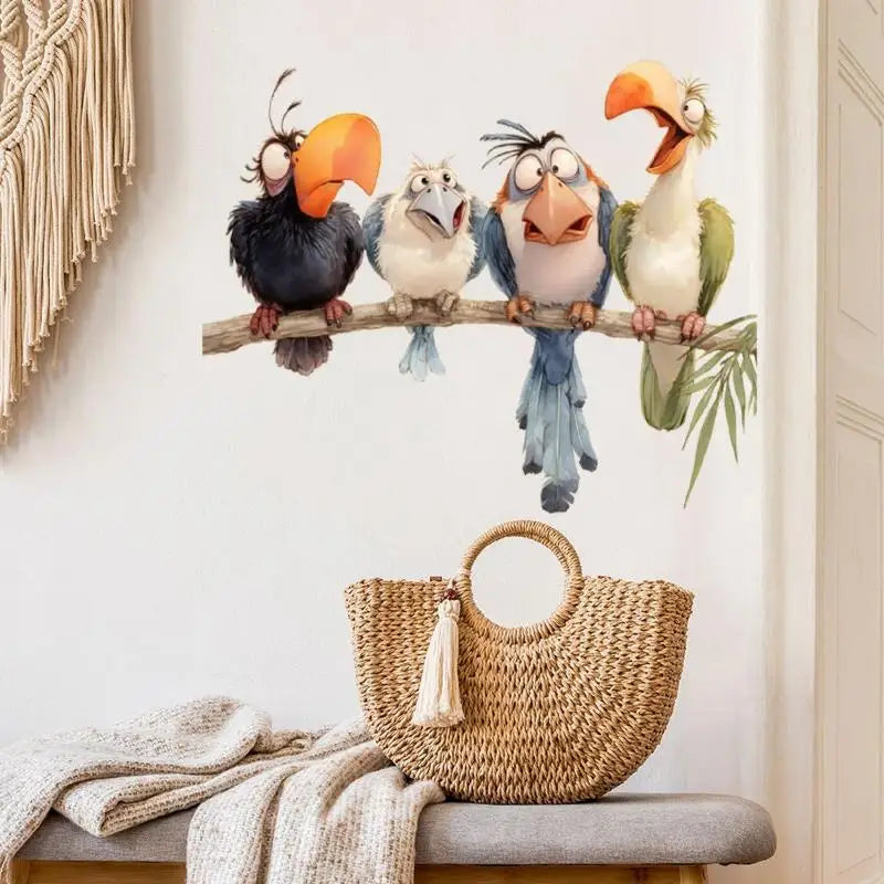 décoration murale autocollants oiseaux cartoon humour enfants branche perchoirs amusant