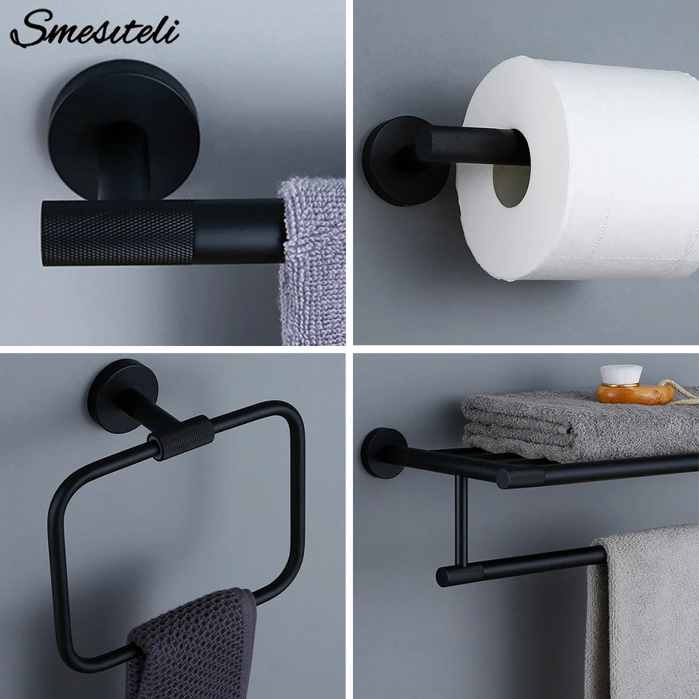 accessoires salle bain noir mat laiton moleté porte serviettes papier étagère crochet fixations murales
