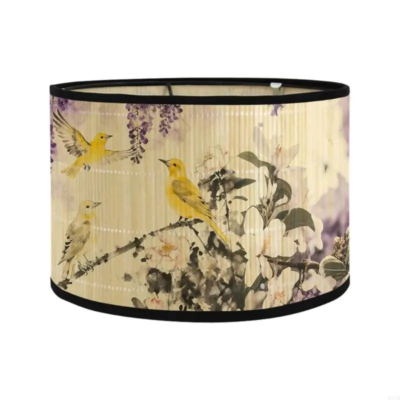 abat jour artisanal oiseaux fleurs branches beige noir jaune rose vert boucle métallique