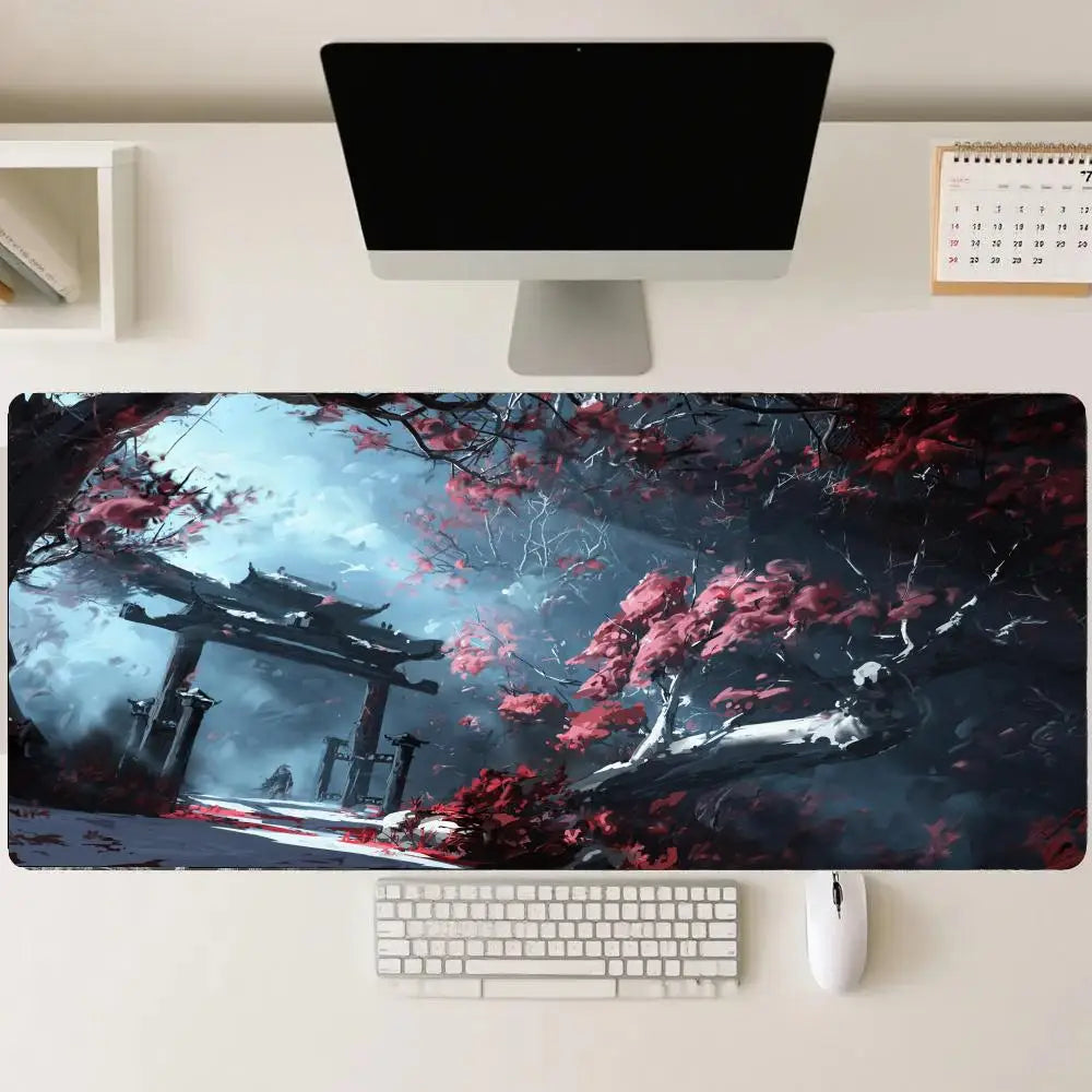 tapis souris gaming paysage oriental arbres fleuris bleu noir rouge