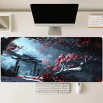 tapis souris gaming paysage oriental arbres fleuris bleu noir rouge