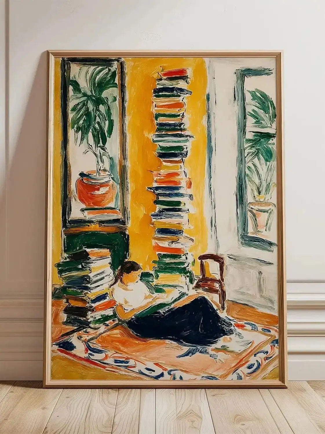 tableau moderne expressionniste abstrait jaune vert noir peinture intérieure décoration maison personnage livres plante