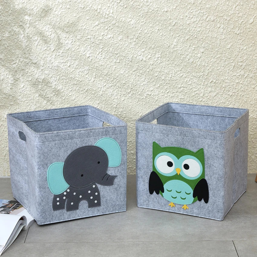 boîte rangement tissu felt pliable animaux motif gris clair enfant jouets vêtements poignées