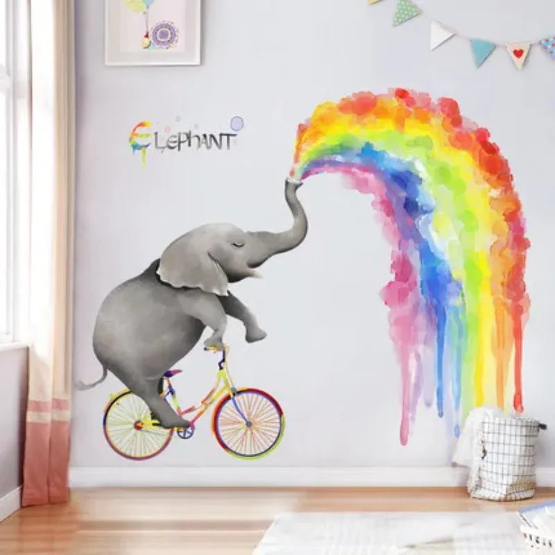 autocollant mural éléphant arc ciel dessin animé enfant chambre décoration intérieure pvc coloré illustration