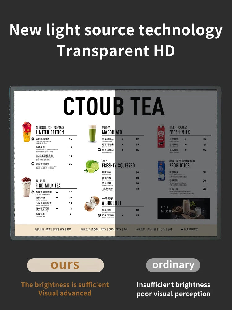 supports table lumineux transparents moderne clips inclusion câble alimentation boissons colorées caractère chinois minimaliste