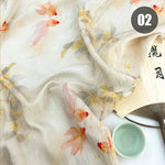 tissu imprimé chinois personnages traditionnels bambous fleurs beige vert bleu rose