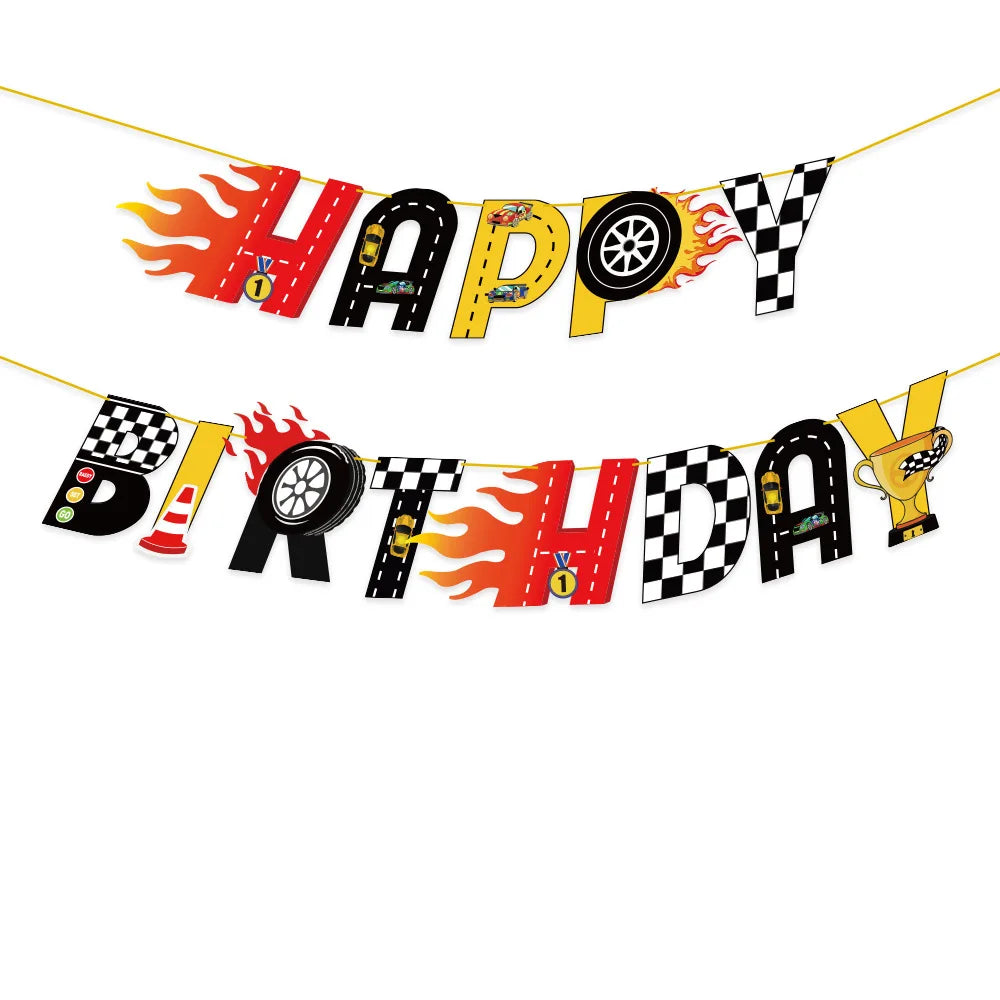 ensemble décoration anniversaire voiture course assiettes gobelets bannière table runner ballon géant papier