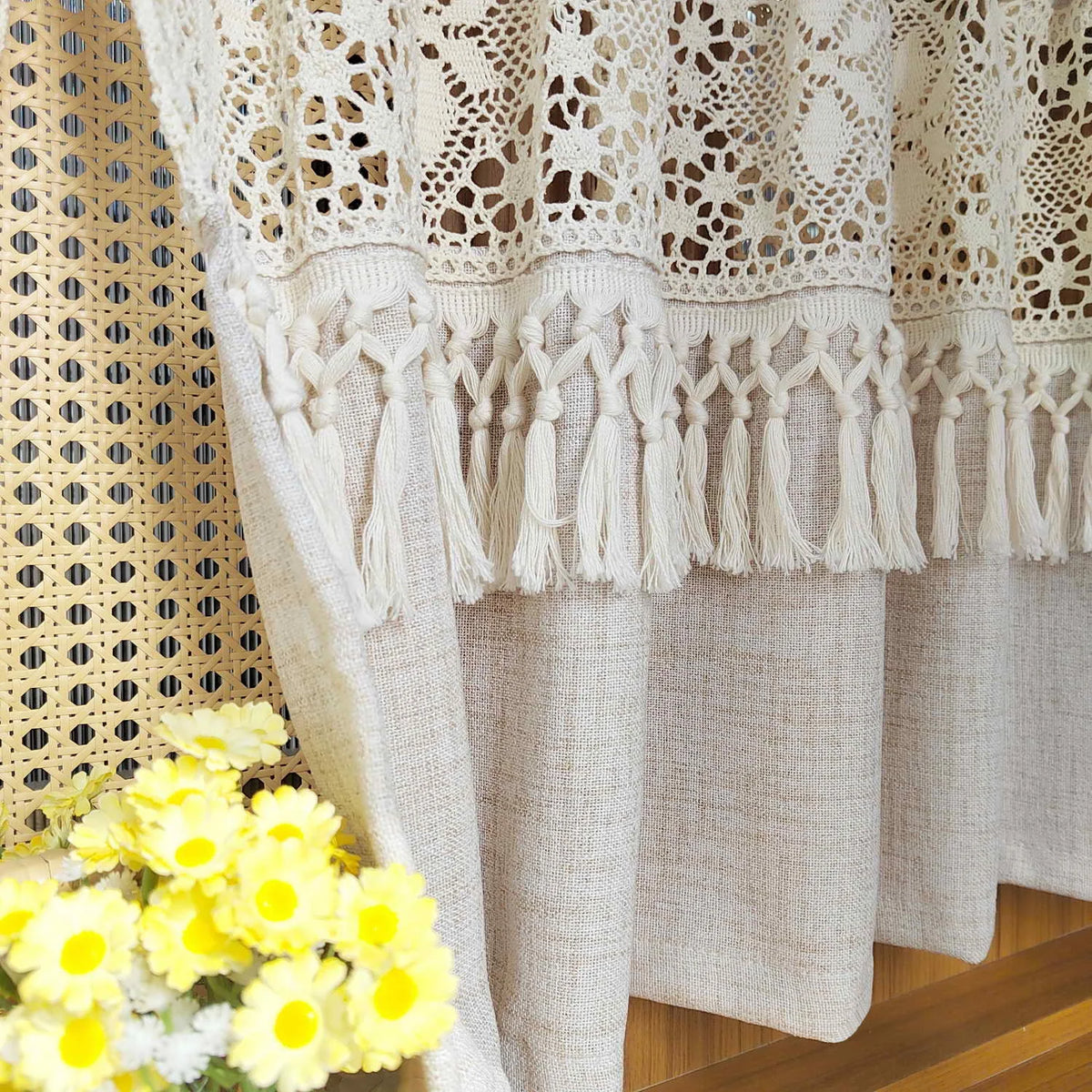 rideau bohème vintage vert clair beige dentelle franges polyester simple