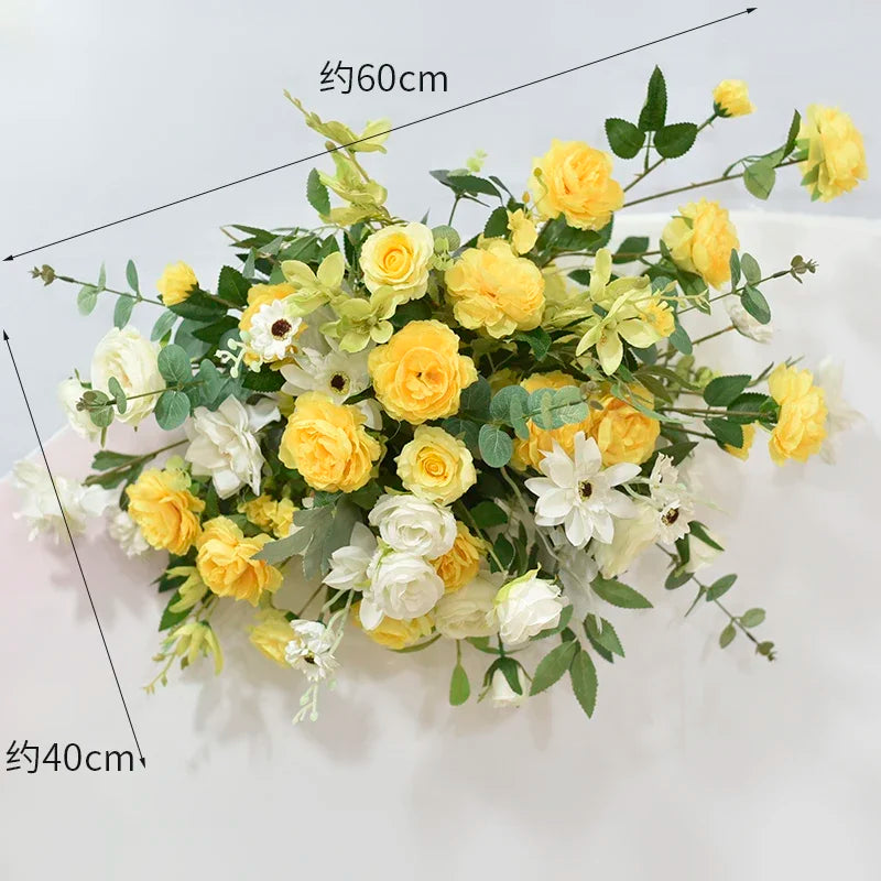 décoration florale artificielle mariage extérieur roses jaunes blanches hortensias verts