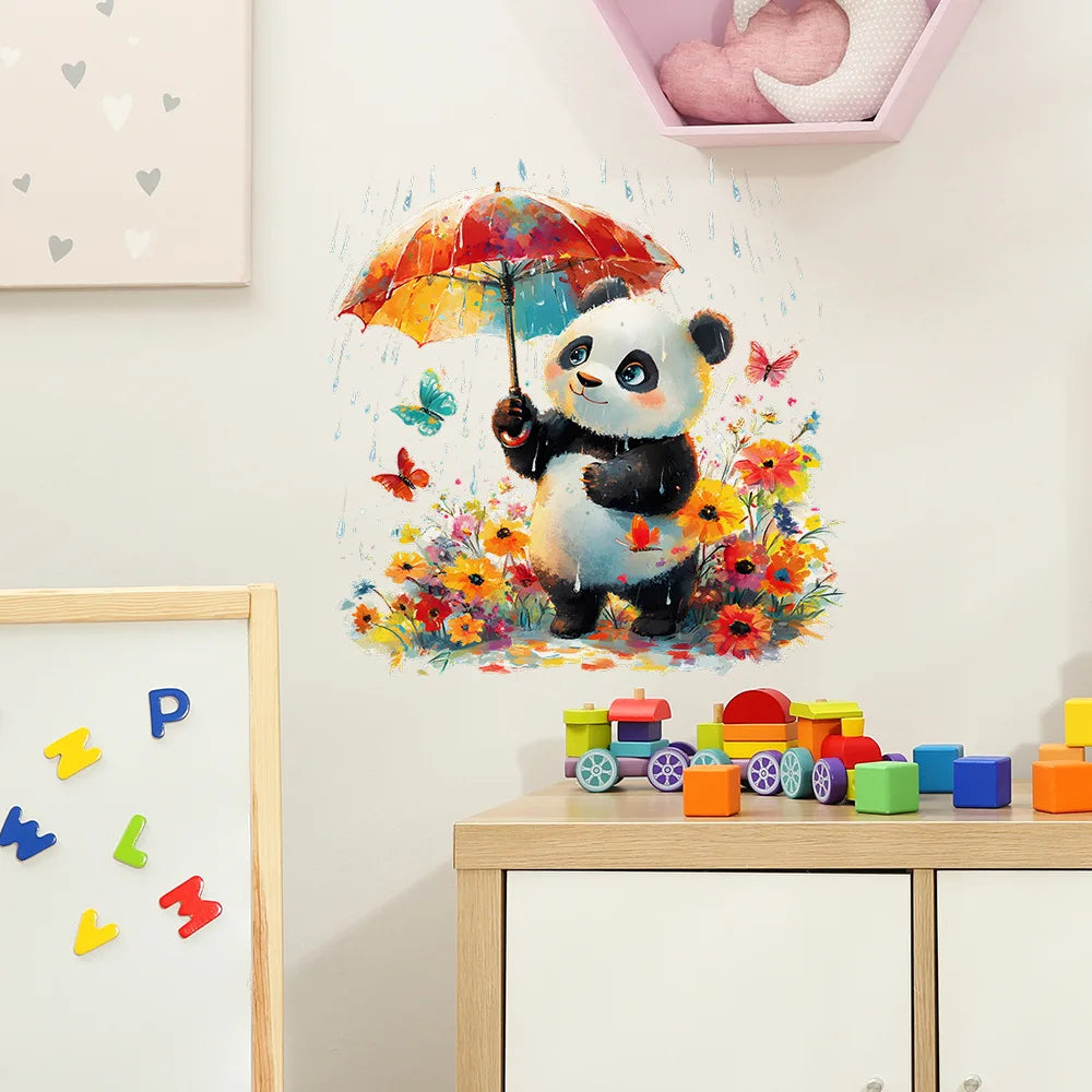 autocollant mural panda parapluie fleurs papillons enfantin cartoona opaque adhésif chambre enfants decoration murale