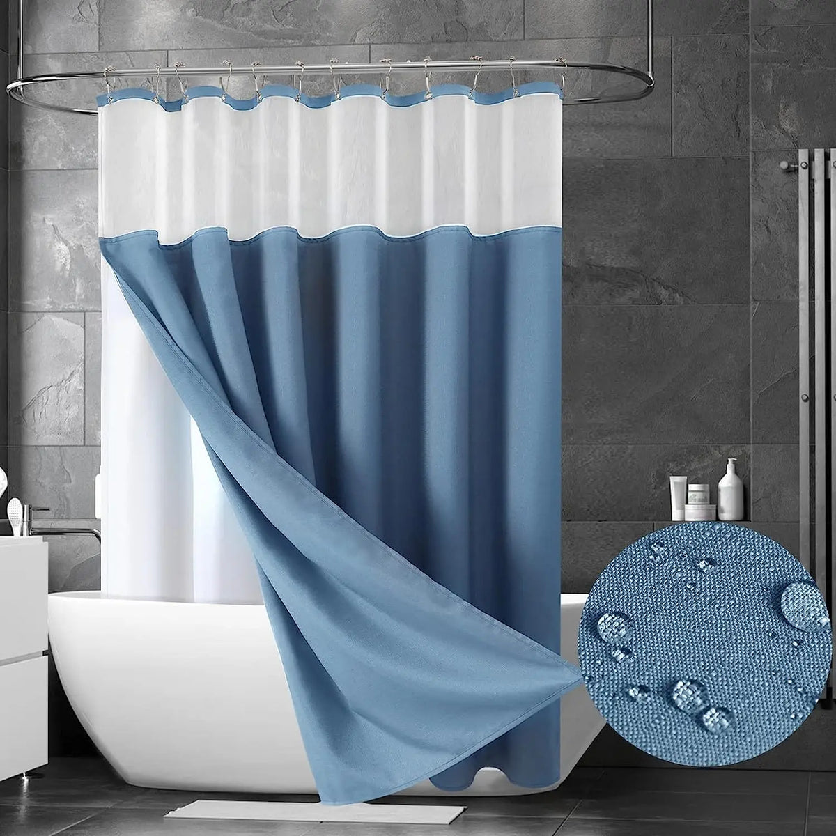 rideau douche moderne bleu clair imperméable double couche anneaux inox blanc opaquet gouttes d'eau