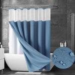 rideau douche moderne bleu clair imperméable double couche anneaux inox blanc opaquet gouttes d'eau