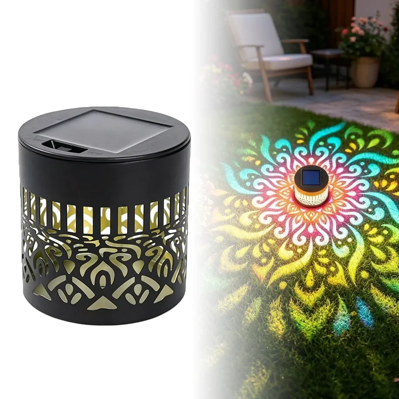 projecteur solaire mandala noir doré extérieur jardin décoration murale led imperméable ip65 automatique