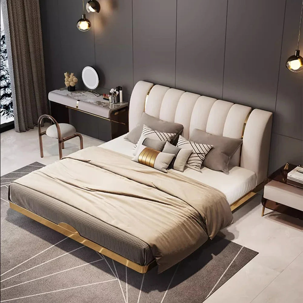 lit moderne double cuir véritable tête capitonnée cadre métal doré luxueux